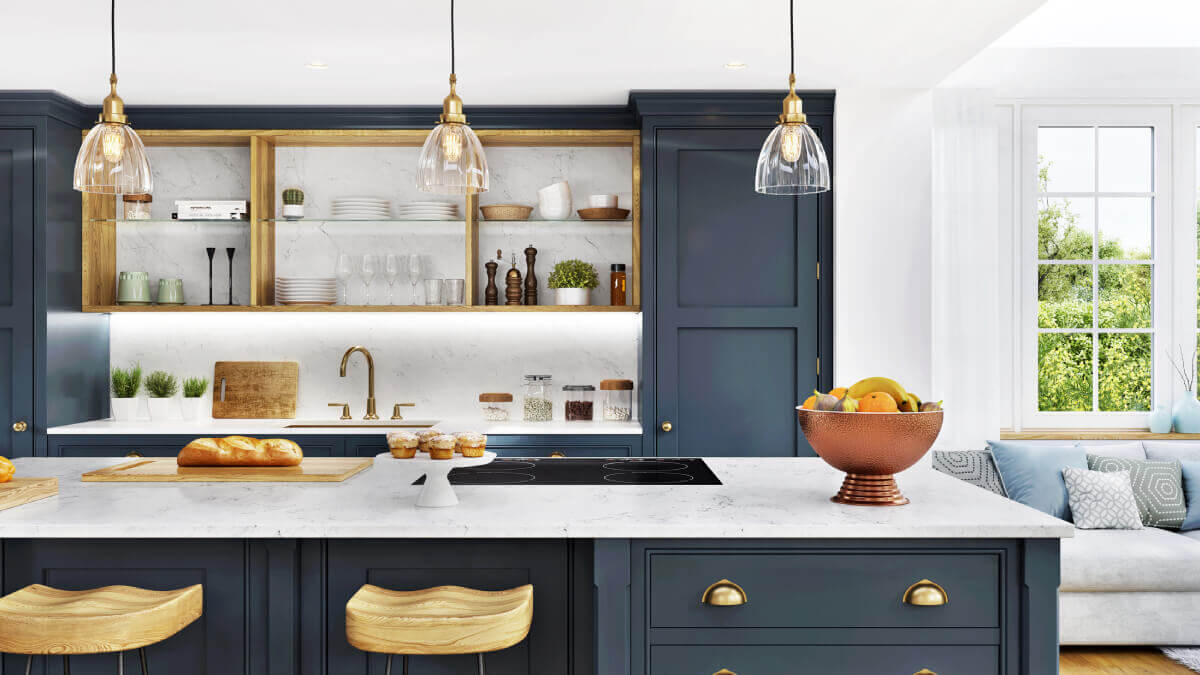 Kitchen with blue cabinets and yellow stools